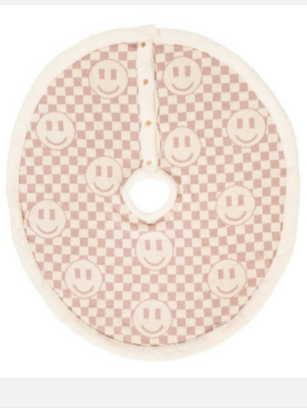50" Christmas Tree Skirt Round Smiley Face Checkered Beige Thick Heavy NWT